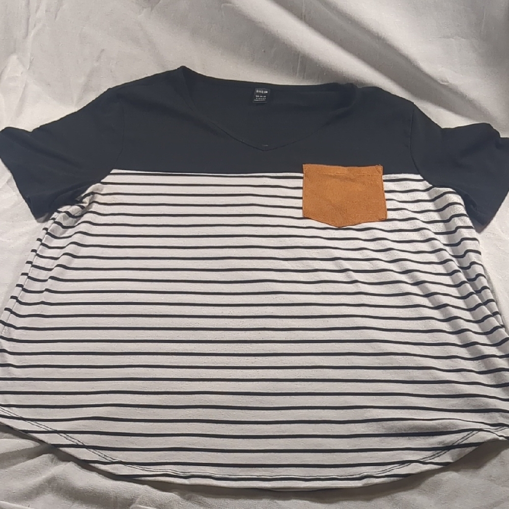 SHEIN Black and White Striped Top with Brown Pocket